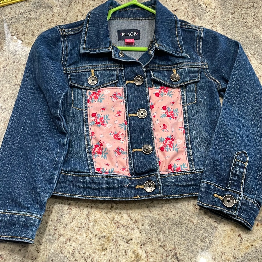 Upcycled/embellished kids jeans jacket size XS 4. Pink fabric with flowers.